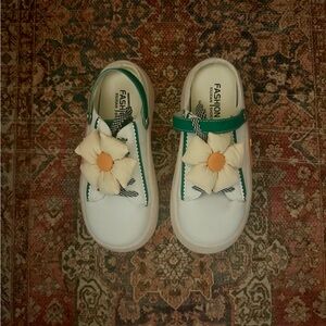 White and Green Women’s Clog with Plush Floral